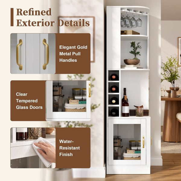 English Elm 70 Inch Corner Bar Cabinet with Stemware Rack Wine Cubbies and Tempered Glass Doors White+Gold N752P508255W