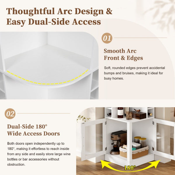 English Elm 70 Inch Corner Bar Cabinet with Stemware Rack Wine Cubbies and Tempered Glass Doors White+Gold N752P508255W
