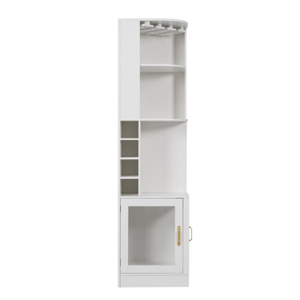 English Elm 70 Inch Corner Bar Cabinet with Stemware Rack Wine Cubbies and Tempered Glass Doors White+Gold N752P508255W