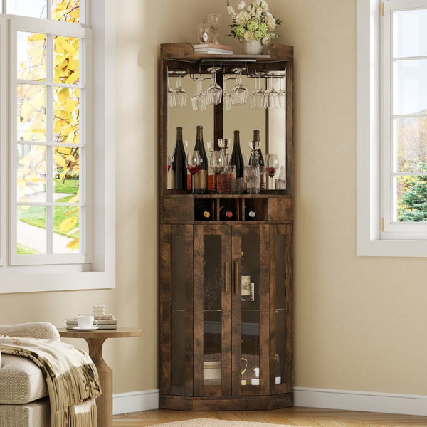 English Elm Corner Bar Cabinet with LED Lighting Mirrored Backing and Stemware Rack Storage Walnut N752P508295D