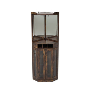 English Elm Corner Bar Cabinet with LED Lighting Mirrored Backing and Stemware Rack Storage Walnut N752P508295D