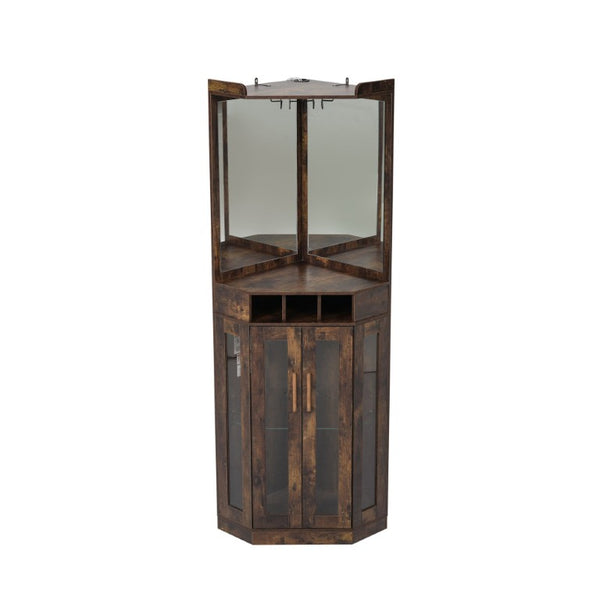 English Elm Corner Bar Cabinet with LED Lighting Mirrored Backing and Stemware Rack Storage Walnut N752P508295D