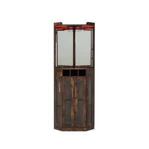 English Elm Corner Bar Cabinet with LED Lighting Mirrored Backing and Stemware Rack Storage Walnut N752P508295D