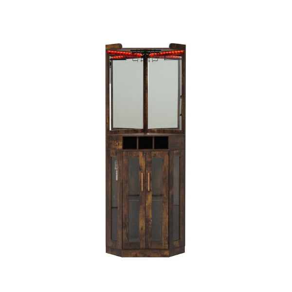 English Elm Corner Bar Cabinet with LED Lighting Mirrored Backing and Stemware Rack Storage Walnut N752P508295D