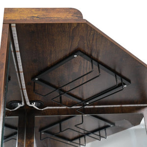 English Elm Corner Bar Cabinet with LED Lighting Mirrored Backing and Stemware Rack Storage Walnut N752P508295D