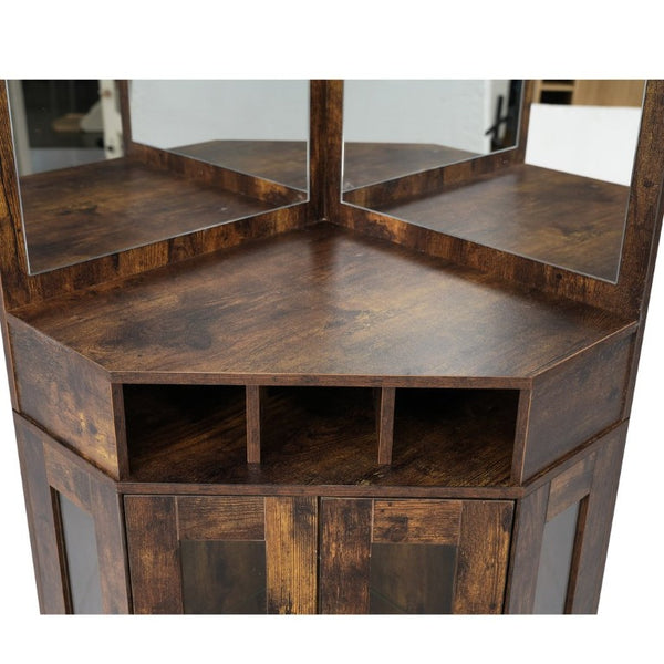 English Elm Corner Bar Cabinet with LED Lighting Mirrored Backing and Stemware Rack Storage Walnut N752P508295D