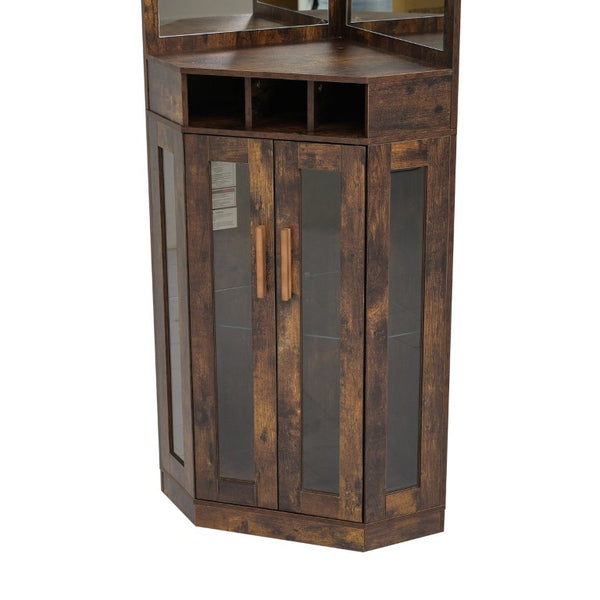 English Elm Corner Bar Cabinet with LED Lighting Mirrored Backing and Stemware Rack Storage Walnut N752P508295D