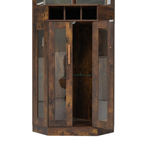 English Elm Corner Bar Cabinet with LED Lighting Mirrored Backing and Stemware Rack Storage Walnut N752P508295D