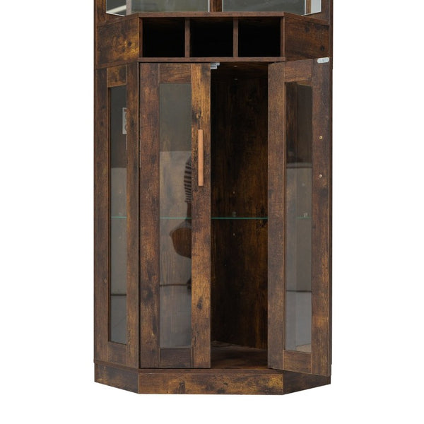 English Elm Corner Bar Cabinet with LED Lighting Mirrored Backing and Stemware Rack Storage Walnut N752P508295D