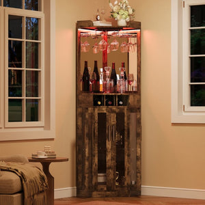 English Elm Corner Bar Cabinet with LED Lighting Mirrored Backing and Stemware Rack Storage Walnut N752P508295D