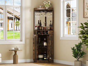 English Elm Corner Bar Cabinet with LED Lighting Mirrored Backing and Stemware Rack Storage Walnut N752P508295D