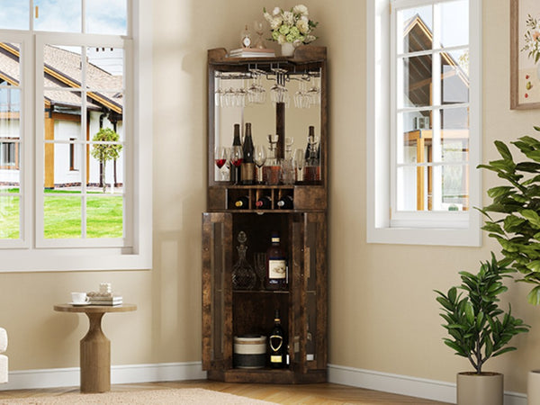 English Elm Corner Bar Cabinet with LED Lighting Mirrored Backing and Stemware Rack Storage Walnut N752P508295D