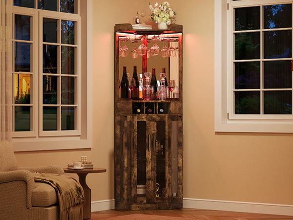 English Elm Corner Bar Cabinet with LED Lighting Mirrored Backing and Stemware Rack Storage Walnut N752P508295D