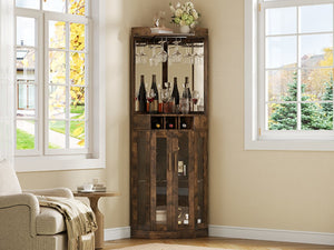 English Elm Corner Bar Cabinet with LED Lighting Mirrored Backing and Stemware Rack Storage Walnut N752P508295D