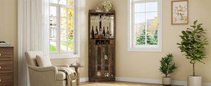 English Elm Corner Bar Cabinet with LED Lighting Mirrored Backing and Stemware Rack Storage Walnut N752P508295D