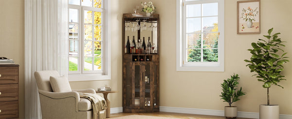 English Elm Corner Bar Cabinet with LED Lighting Mirrored Backing and Stemware Rack Storage Walnut N752P508295D