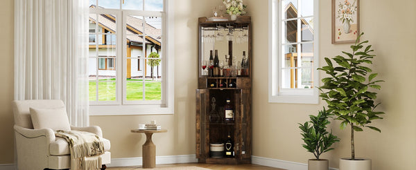 English Elm Corner Bar Cabinet with LED Lighting Mirrored Backing and Stemware Rack Storage Walnut N752P508295D