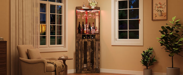 English Elm Corner Bar Cabinet with LED Lighting Mirrored Backing and Stemware Rack Storage Walnut N752P508295D