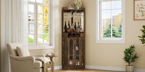 English Elm Corner Bar Cabinet with LED Lighting Mirrored Backing and Stemware Rack Storage Walnut N752P508295D