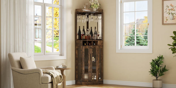 English Elm Corner Bar Cabinet with LED Lighting Mirrored Backing and Stemware Rack Storage Walnut N752P508295D