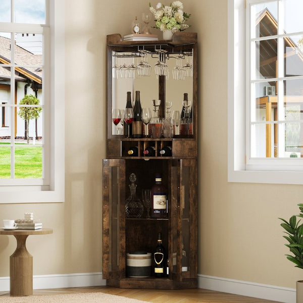 English Elm Corner Bar Cabinet with LED Lighting Mirrored Backing and Stemware Rack Storage Walnut N752P508295D
