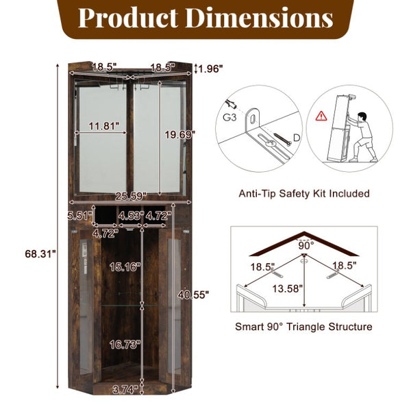 English Elm Corner Bar Cabinet with LED Lighting Mirrored Backing and Stemware Rack Storage Walnut N752P508295D