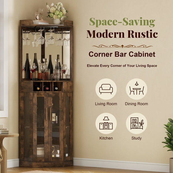 English Elm Corner Bar Cabinet with LED Lighting Mirrored Backing and Stemware Rack Storage Walnut N752P508295D