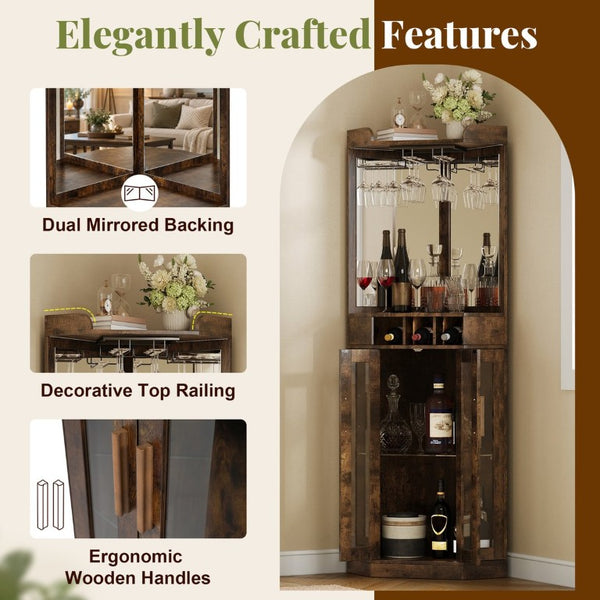 English Elm Corner Bar Cabinet with LED Lighting Mirrored Backing and Stemware Rack Storage Walnut N752P508295D