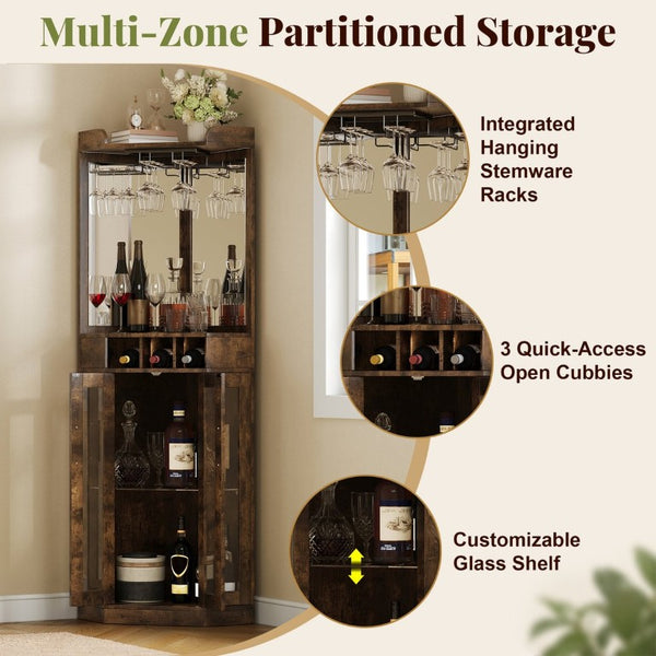 English Elm Corner Bar Cabinet with LED Lighting Mirrored Backing and Stemware Rack Storage Walnut N752P508295D