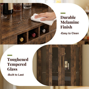 English Elm Corner Bar Cabinet with LED Lighting Mirrored Backing and Stemware Rack Storage Walnut N752P508295D