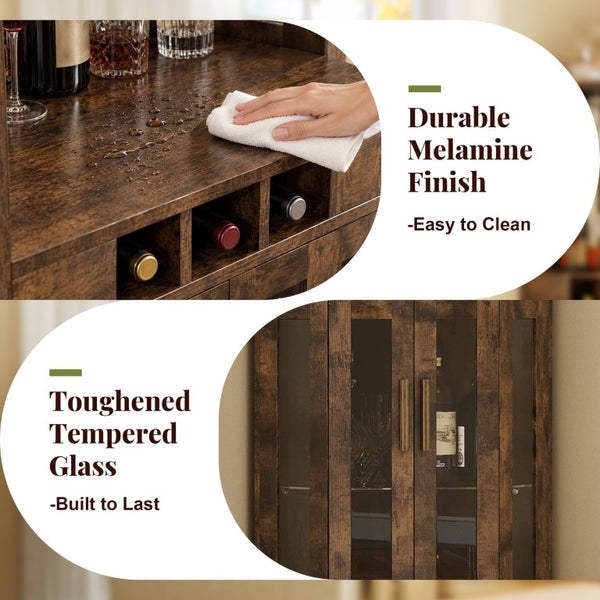 English Elm Corner Bar Cabinet with LED Lighting Mirrored Backing and Stemware Rack Storage Walnut N752P508295D