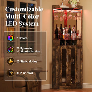 English Elm Corner Bar Cabinet with LED Lighting Mirrored Backing and Stemware Rack Storage Walnut N752P508295D