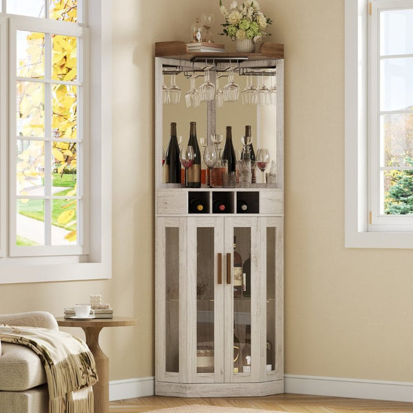 English Elm Corner Bar Cabinet with LED Lighting Mirrored Backing and Stemware Rack Storage Antique White N752P508295W