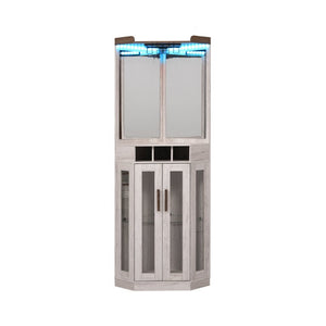 English Elm Corner Bar Cabinet with LED Lighting Mirrored Backing and Stemware Rack Storage Antique White N752P508295W