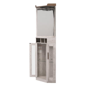English Elm Corner Bar Cabinet with LED Lighting Mirrored Backing and Stemware Rack Storage Antique White N752P508295W
