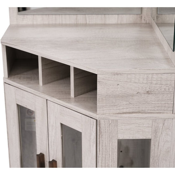 English Elm Corner Bar Cabinet with LED Lighting Mirrored Backing and Stemware Rack Storage Antique White N752P508295W