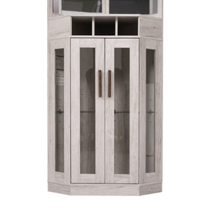 English Elm Corner Bar Cabinet with LED Lighting Mirrored Backing and Stemware Rack Storage Antique White N752P508295W