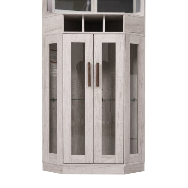 English Elm Corner Bar Cabinet with LED Lighting Mirrored Backing and Stemware Rack Storage Antique White N752P508295W