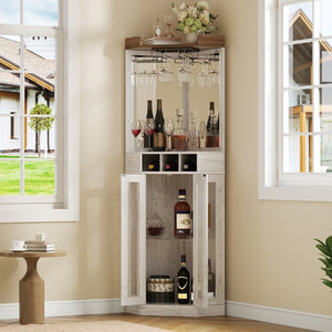 English Elm Corner Bar Cabinet with LED Lighting Mirrored Backing and Stemware Rack Storage Antique White N752P508295W