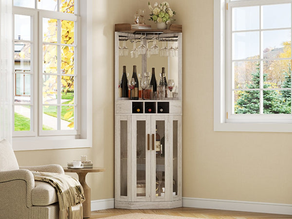 English Elm Corner Bar Cabinet with LED Lighting Mirrored Backing and Stemware Rack Storage Antique White N752P508295W