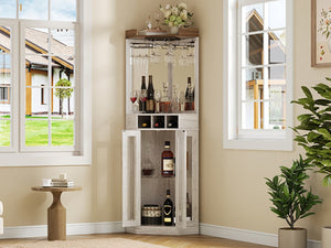 English Elm Corner Bar Cabinet with LED Lighting Mirrored Backing and Stemware Rack Storage Antique White N752P508295W