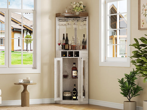 English Elm Corner Bar Cabinet with LED Lighting Mirrored Backing and Stemware Rack Storage Antique White N752P508295W