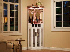 English Elm Corner Bar Cabinet with LED Lighting Mirrored Backing and Stemware Rack Storage Antique White N752P508295W