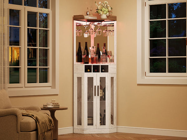 English Elm Corner Bar Cabinet with LED Lighting Mirrored Backing and Stemware Rack Storage Antique White N752P508295W