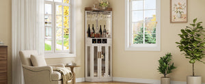 English Elm Corner Bar Cabinet with LED Lighting Mirrored Backing and Stemware Rack Storage Antique White N752P508295W