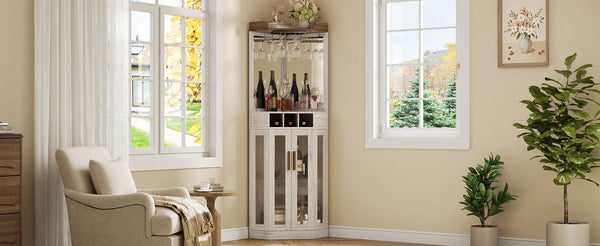 English Elm Corner Bar Cabinet with LED Lighting Mirrored Backing and Stemware Rack Storage Antique White N752P508295W