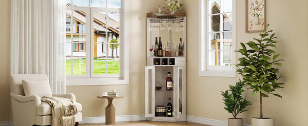 English Elm Corner Bar Cabinet with LED Lighting Mirrored Backing and Stemware Rack Storage Antique White N752P508295W