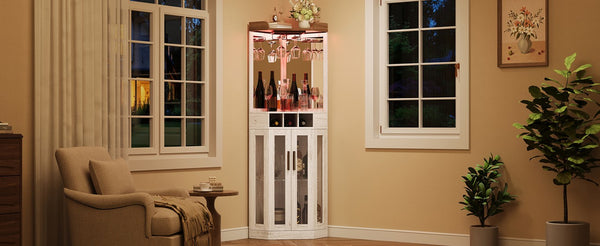 English Elm Corner Bar Cabinet with LED Lighting Mirrored Backing and Stemware Rack Storage Antique White N752P508295W