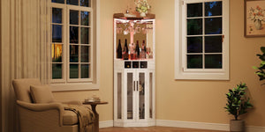 English Elm Corner Bar Cabinet with LED Lighting Mirrored Backing and Stemware Rack Storage Antique White N752P508295W