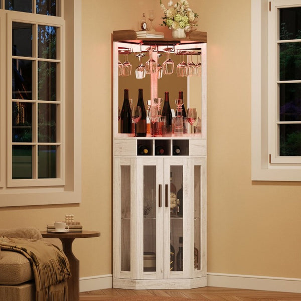 English Elm Corner Bar Cabinet with LED Lighting Mirrored Backing and Stemware Rack Storage Antique White N752P508295W